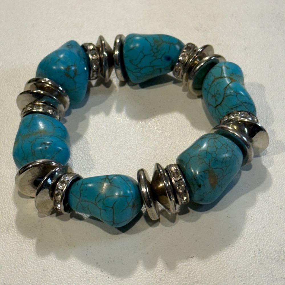 Turquoise Stone Silver Tone Stretch Bracelet‎ Bohemian Chic Jewelry